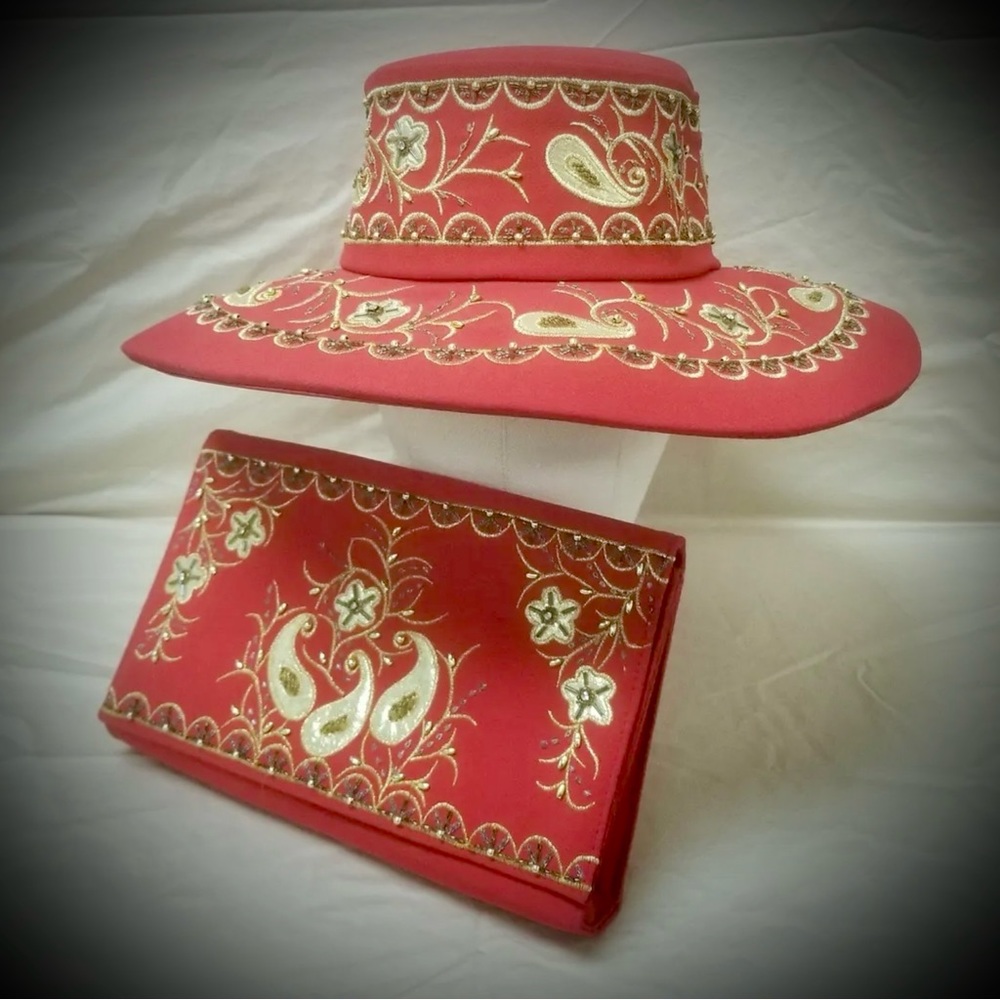 Studio B Woman’s Red Embroidered & Beaded Fancy Church Derby Hat & Clutch Bag